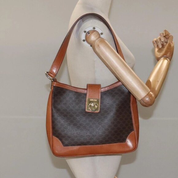 CELINE Macadam Canvas Shoulder Bag PVC Brown Gold Auth - Picture 1 of 16